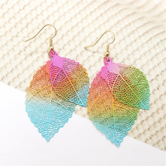 Festival Boho Rainbow Leaf Dangle Earrings - Picture 2 of 4